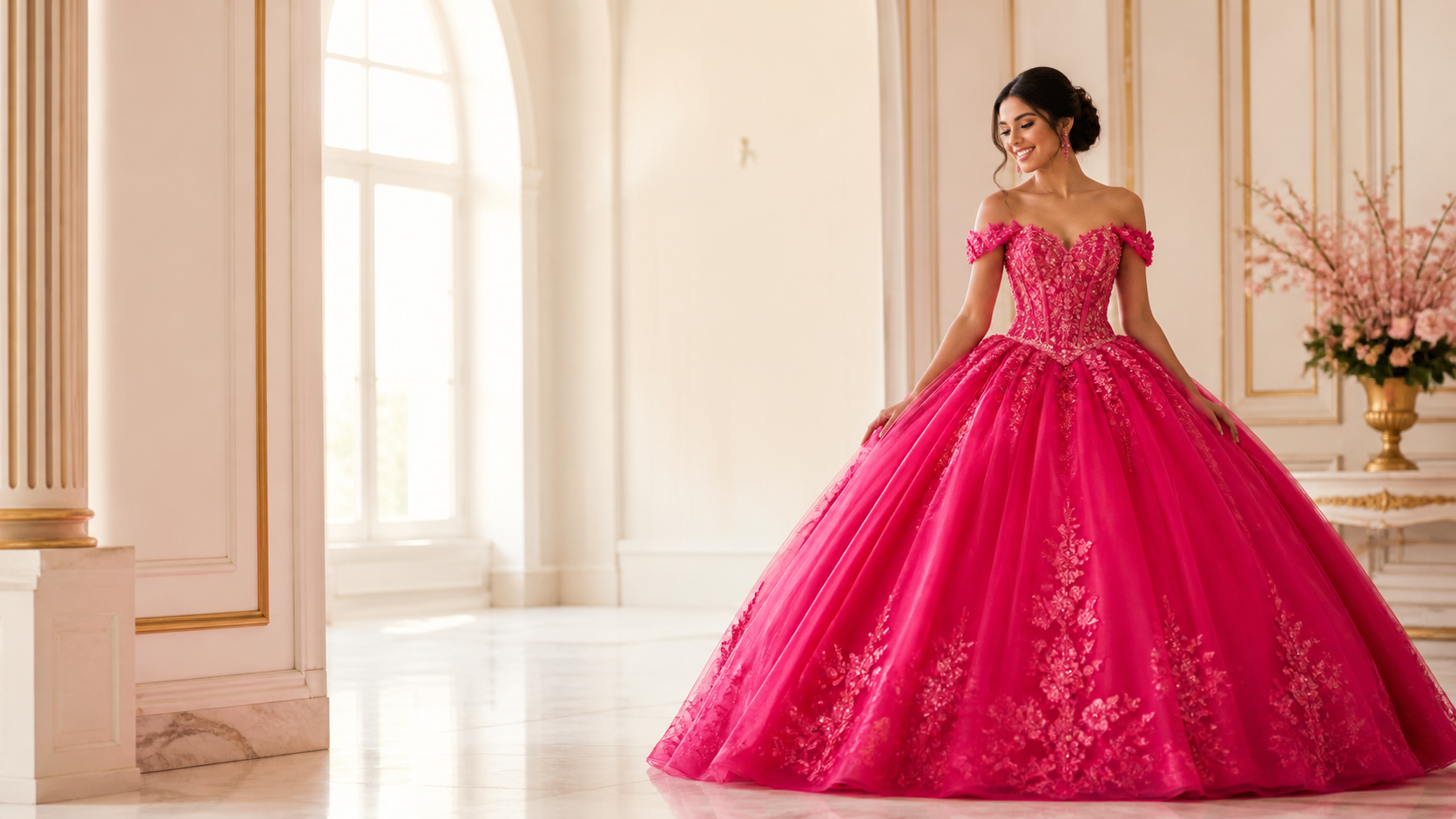 Quinceañera wearing a fuchsia dress in an elegant ballroom