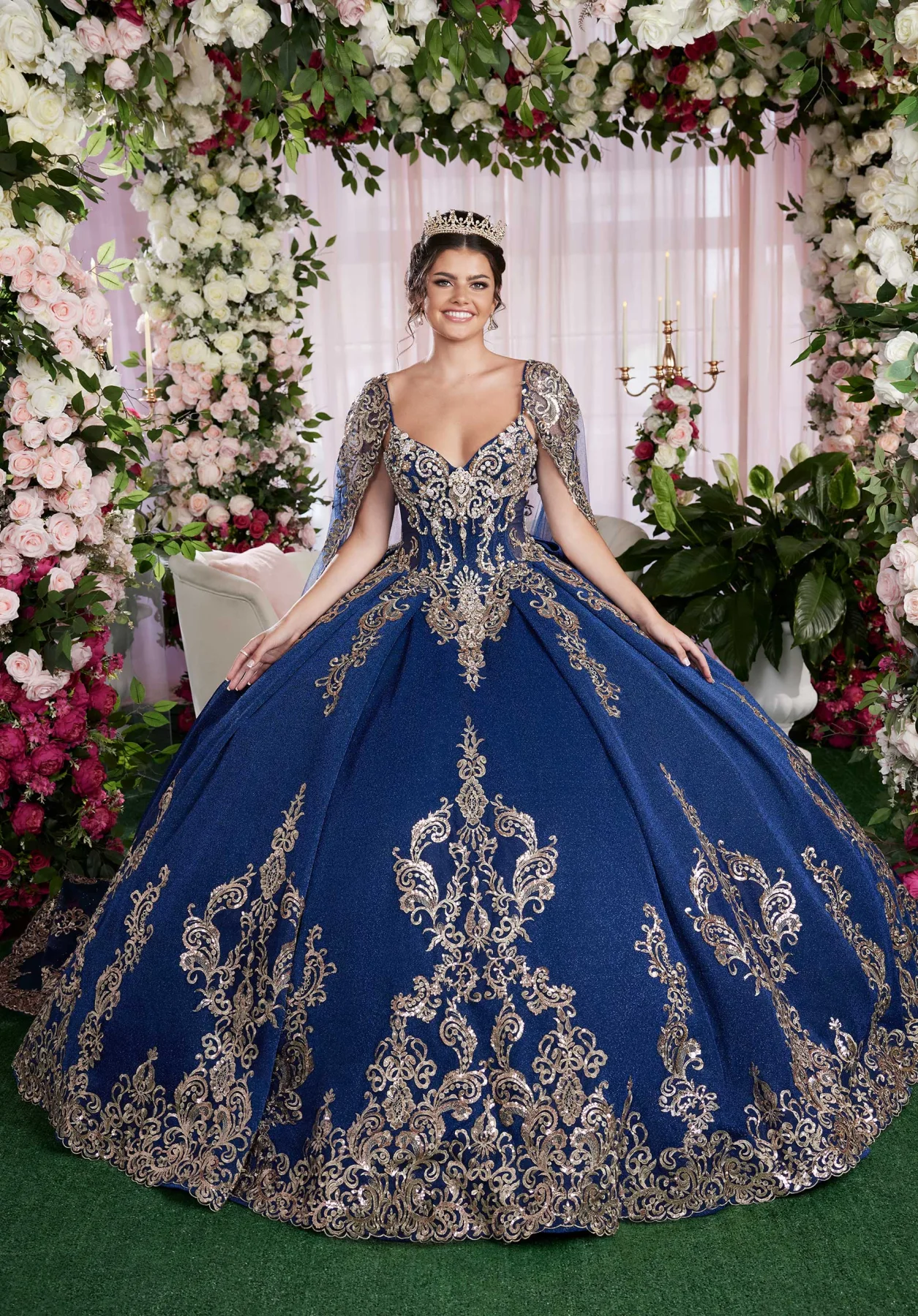 Dress Sequin Embroidered Metallic Quinceañera Dress with Cape, color Navy