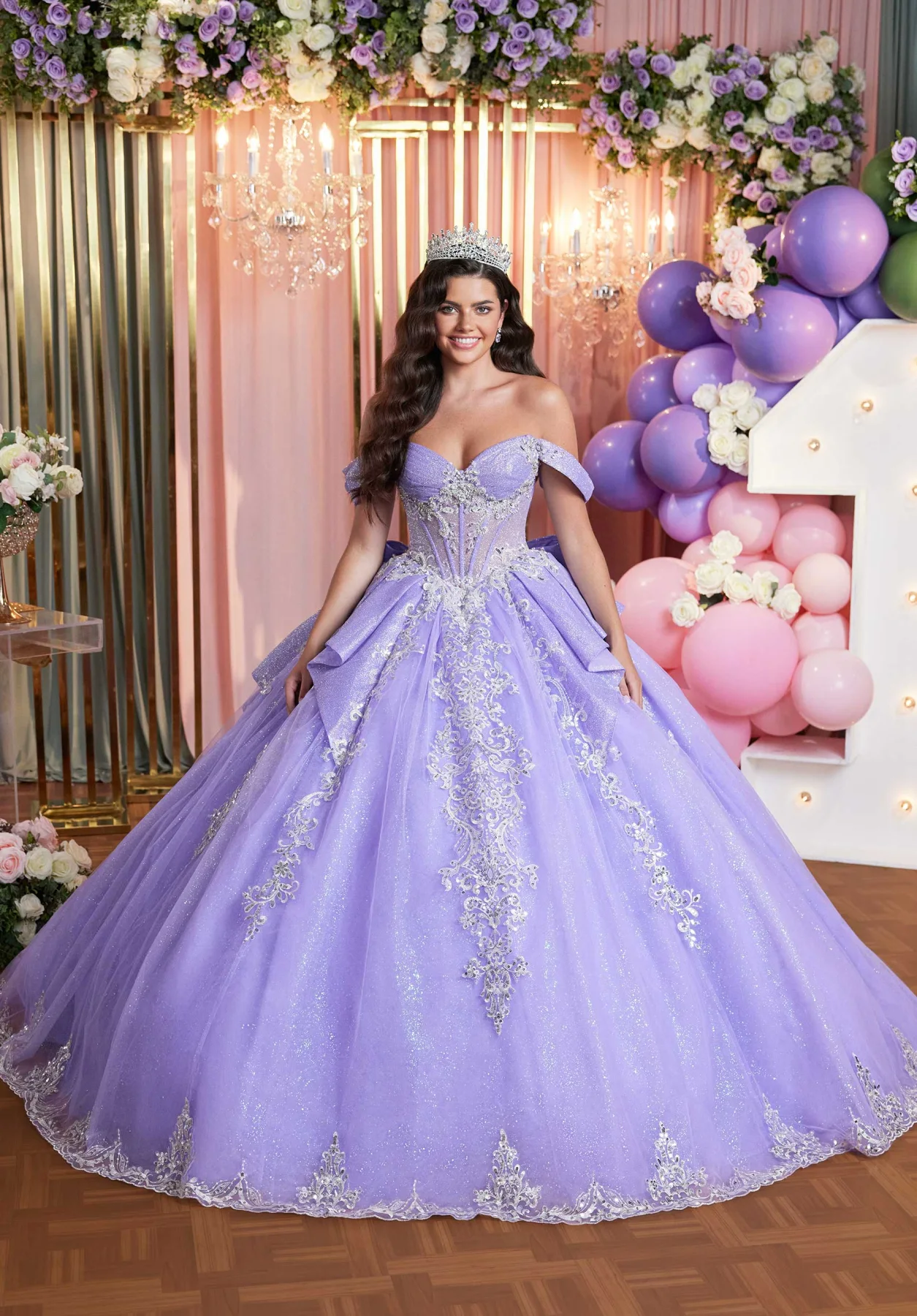 Dress Glitter pleated quinceañera dress with cascading peplum overlay, color Mint/Silver