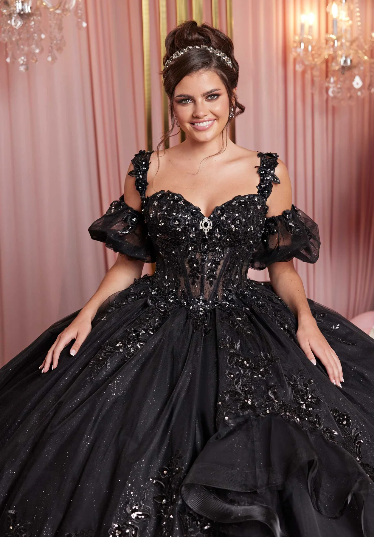 Dress Embroidered Crystal Appliqué Quinceañera Dress with Asymmetrical Flounce, color Black