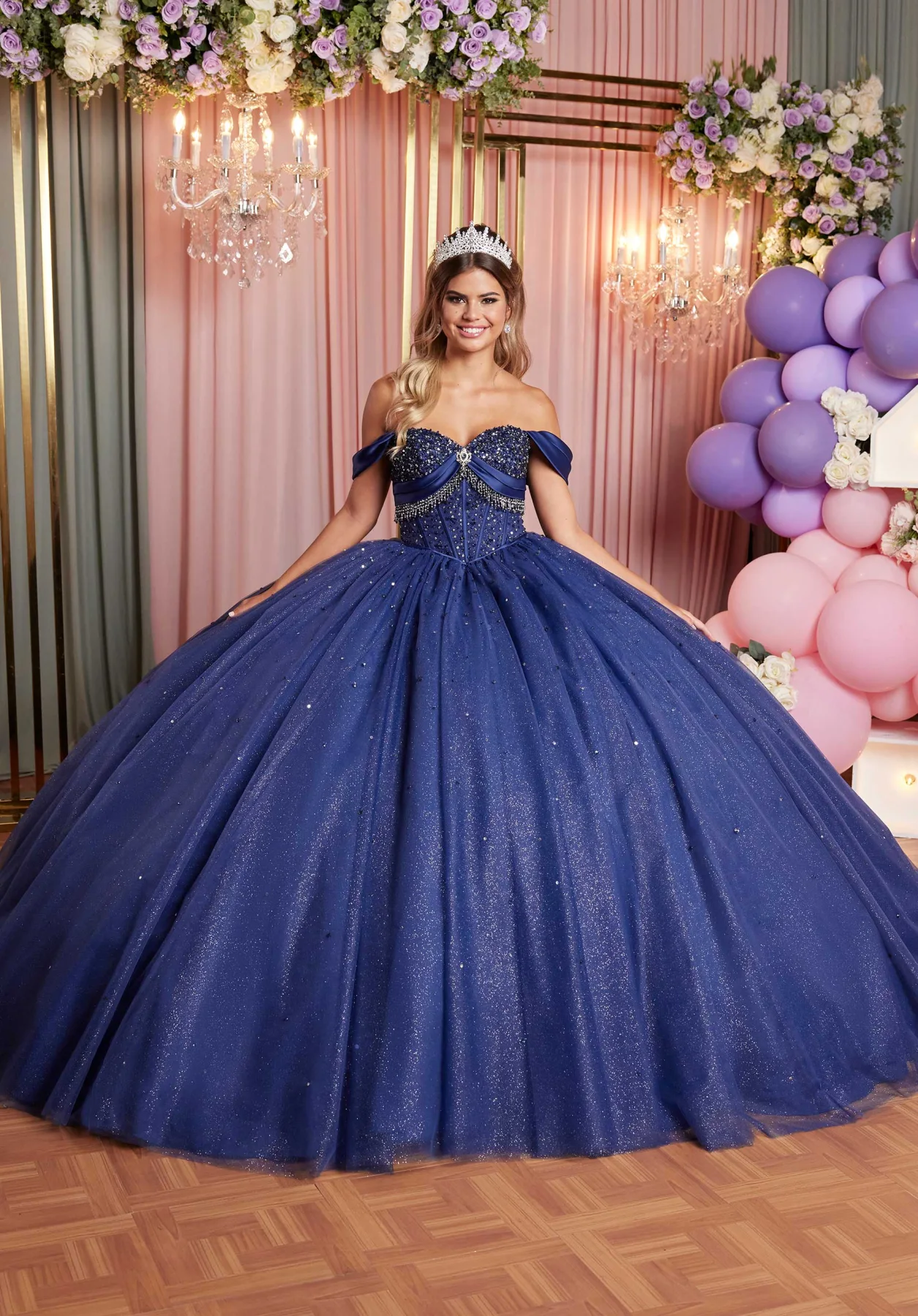 Dress Crystal Beaded Basque Waist Quinceañera Dress with Beaded Fringe, color Navy