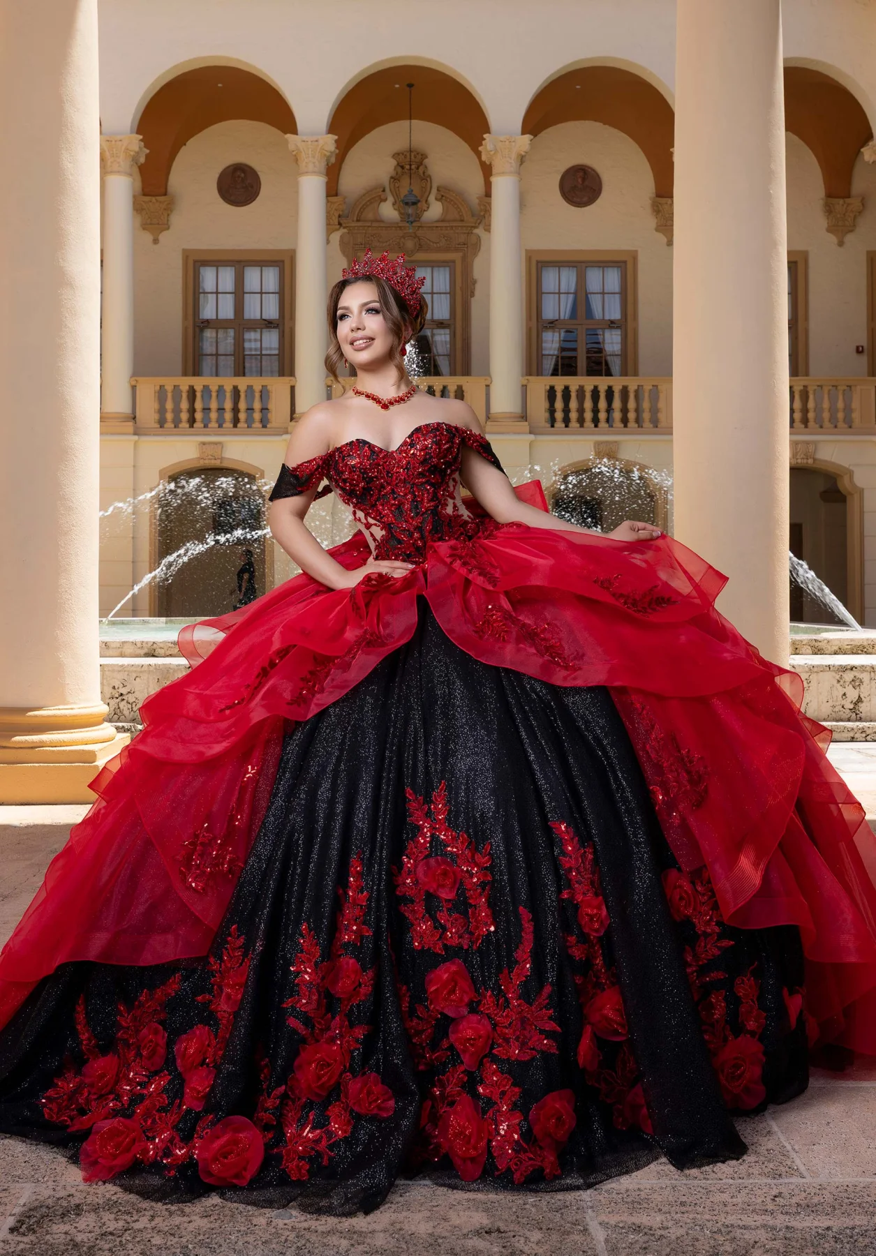 Dress BEATRIZ Quinceañera Dress, color Black/Red Rose