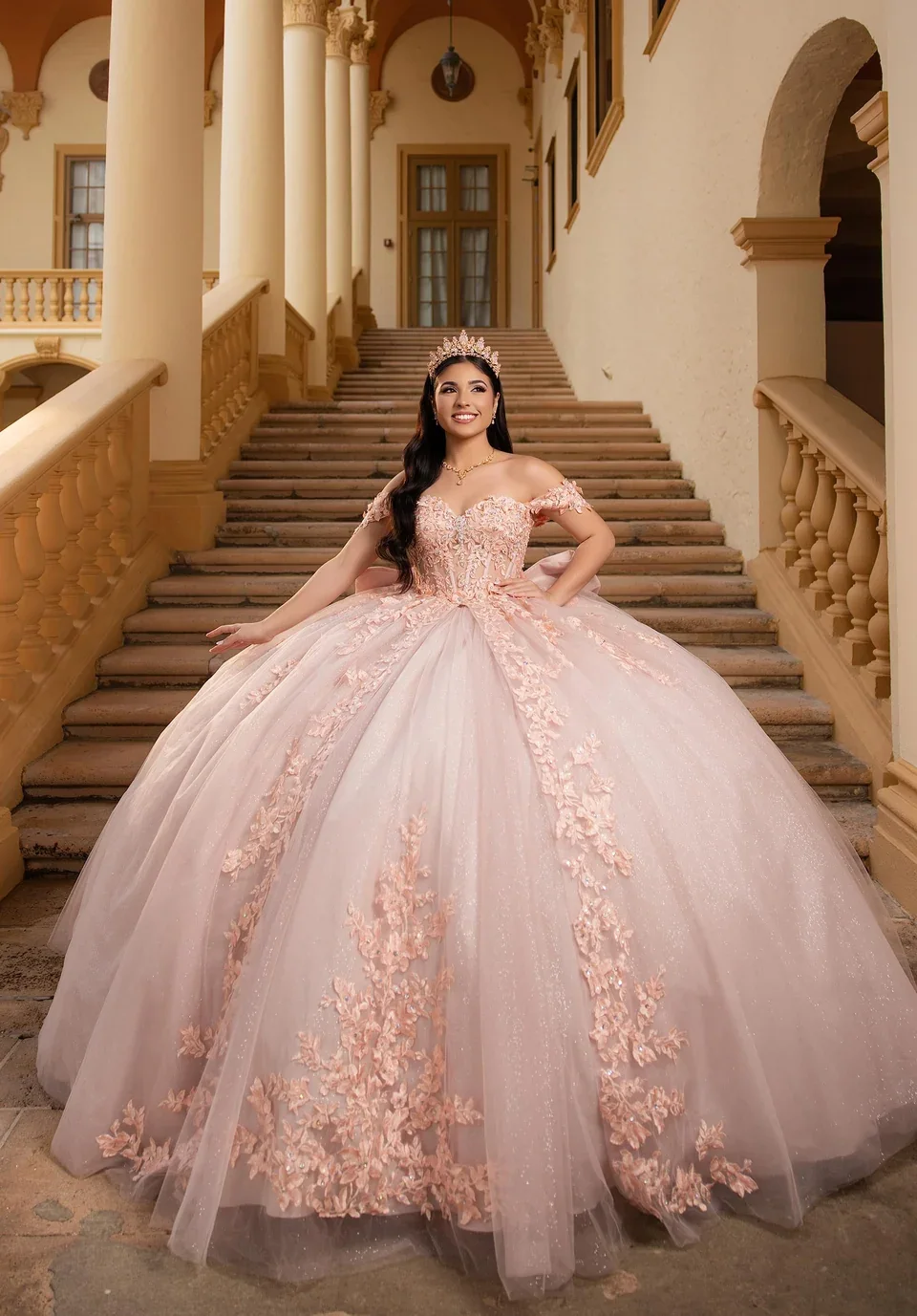 Dress Crystal Beaded Lace Sheer Bodice Quinceañera Dress, color Blush