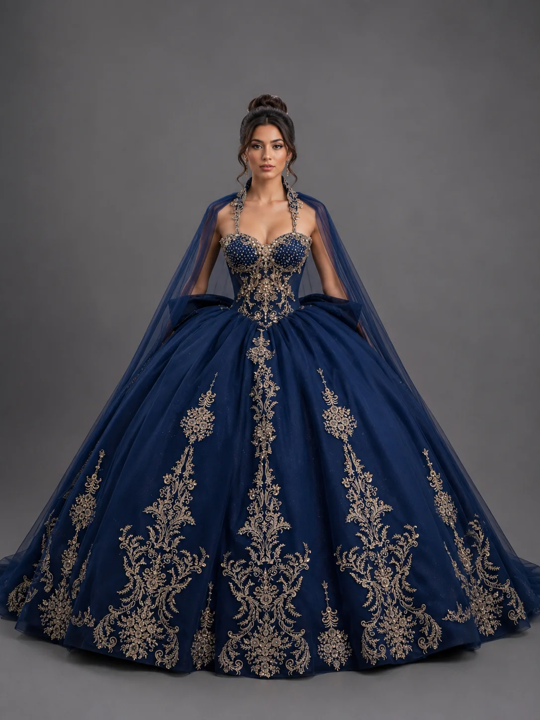 Dress Ball Gown Quinceanera Dress with Beaded Sweetheart Bodice, color Navy/Gold