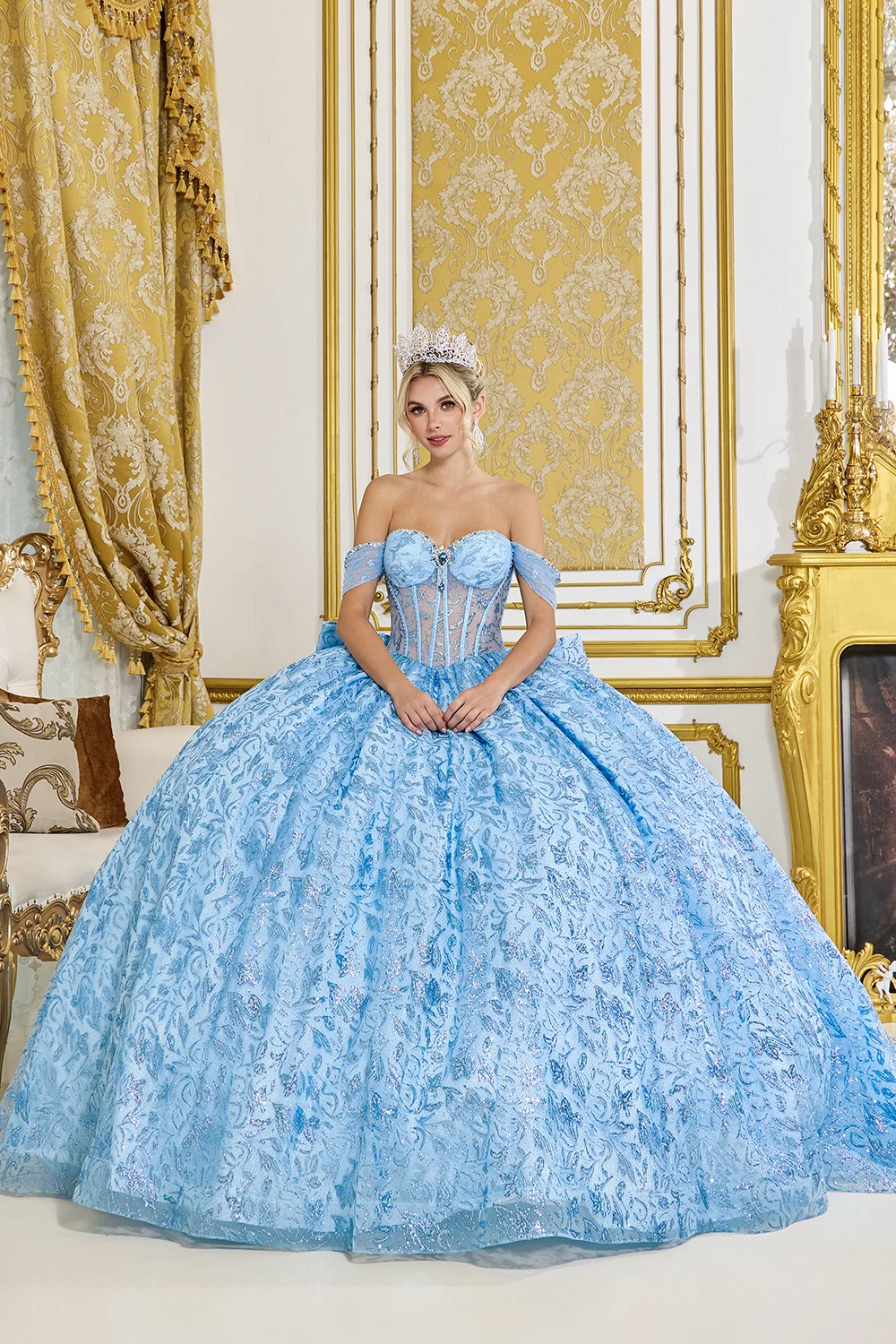 Dress 3D Floral Lace Quinceañera Dress, color Bahama Blue