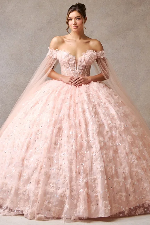Dress Off Shoulder Cape Quinceañera Dress, color Blush